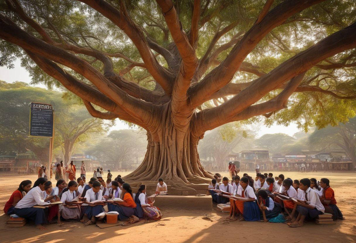 An engaging visual collage showcasing the vibrant landscape of Bihar's educational environment, featuring a diverse group of students studying together under a large banyan tree, stacks of books surrounding them, and a chalkboard with examination results and motivational quotes. Incorporate elements like traditional Bihar architecture in the background and a bright sky symbolizing hope and potential. The image should evoke a sense of determination and success among students. vibrant colors. super-realistic.