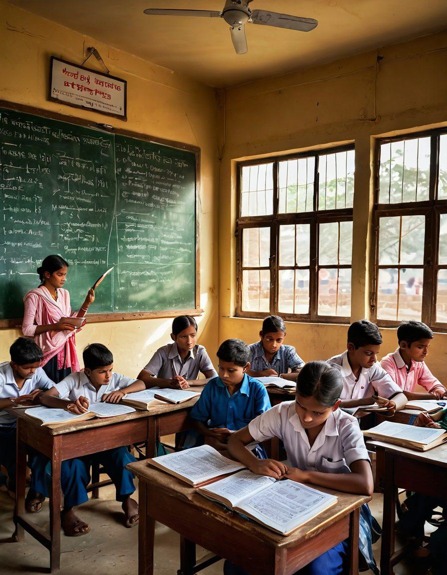 A vibrant classroom in Bihar filled with enthusiastic students of diverse backgrounds, eagerly engaging with books and digital devices. Include a blackboard overflowing with colorful diagrams and inspirational quotes about learning. Sunlight streaming through large windows, casting a warm glow on a map of Bihar highlighting its educational initiatives. Capture a sense of unity and determination among the students. super-realistic. vibrant colors. natural lighting.