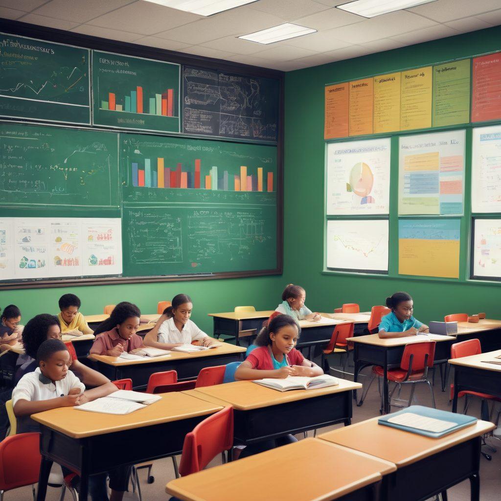 A dynamic split-screen visualization showing a vibrant classroom scene filled with engaged students of diverse backgrounds, juxtaposed with graphical representations of examination results and performance trends trending upwards. Include elements like colorful charts, books, and a chalkboard with motivational quotes. The atmosphere should convey positivity, growth, and a sense of achievement. super-realistic. vibrant colors. educational theme.